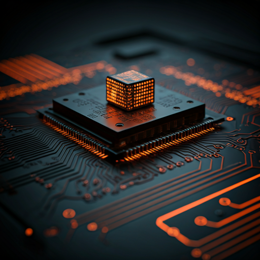 Technical macro shot of glowing computer circuitry
